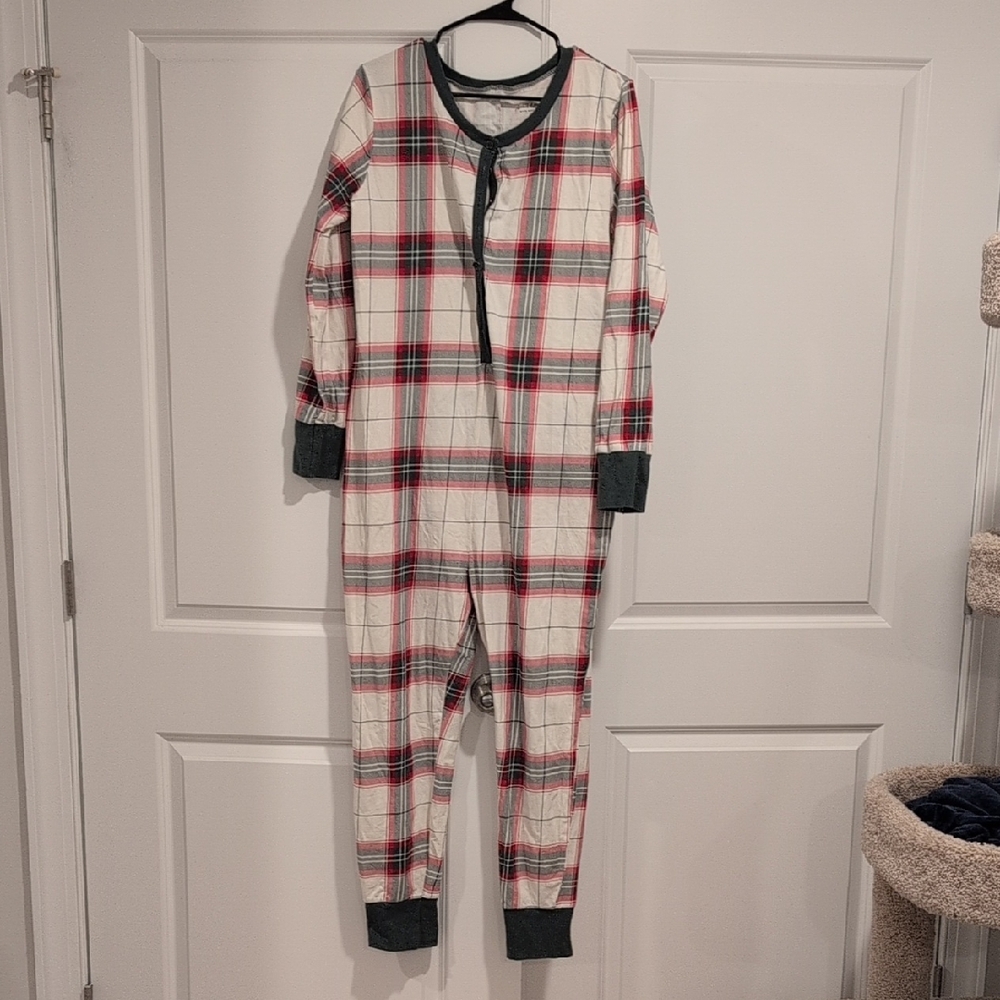 Plaid One-Piece Pajama with Button Closure